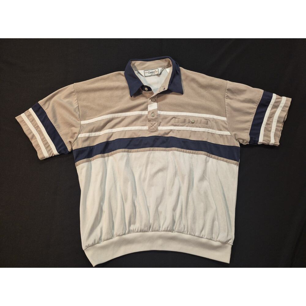 Vintage Mens Palmland Polo XL Classic Baded Polo Biege/Navy